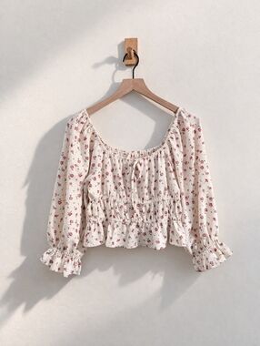 ILLA ILLA White Pink Floral Peasant Smocked Crop Top Size L